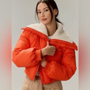 Cropped Orange Puffer Jacket with Sherpa Collar